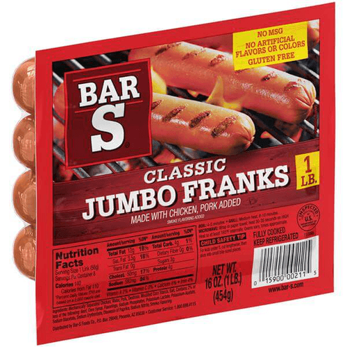 BAR S - Classic Jumbo Franks made with Chicken, pork added, 1 Lb